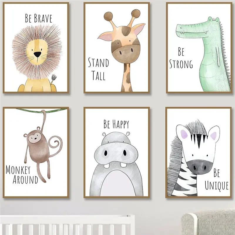 Baby Nursery Animal Prints - ศิลปะติดผนังห้องเด็ก โปสเตอร์การ์ตูนสัตว์น่ารักพร้อมคำคมสร้างแรงบันดาลใจ ยีราฟ สิงโต จงกล้าหาญ ภาพพิมพ์บนผ้าใบสำหรับเด็กทารกและเด็ก
