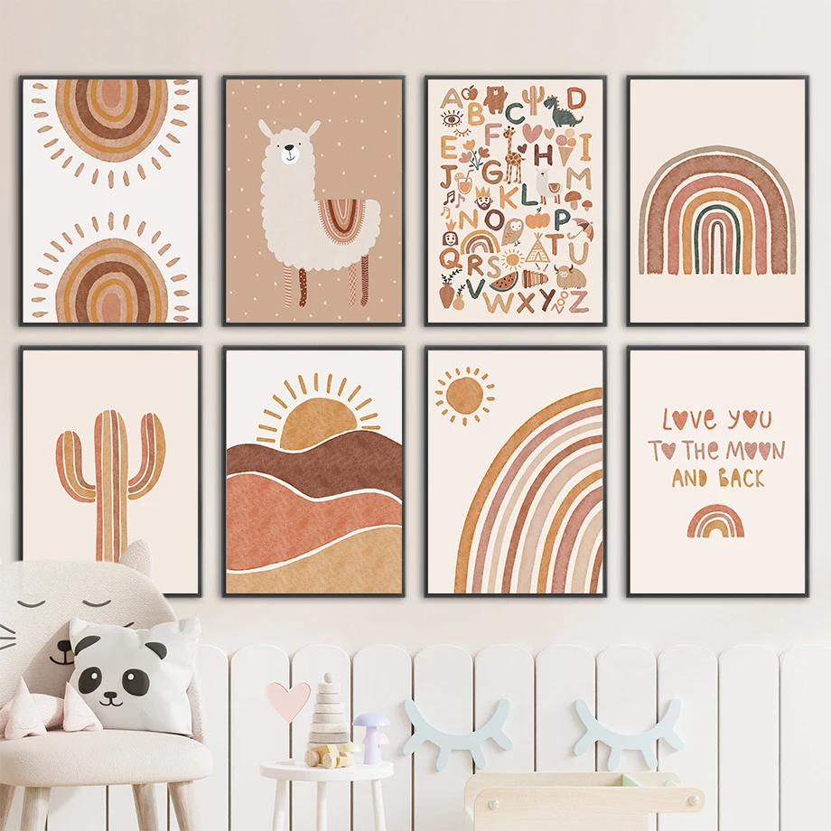 Baby Nursery Jungle - ภาพวาดบนผ้าใบลายอัลปาก้า ยูนิคอร์น พระอาทิตย์ สายรุ้ง กระบองเพชร สำหรับตกแต่งผนังห้องเด็ก