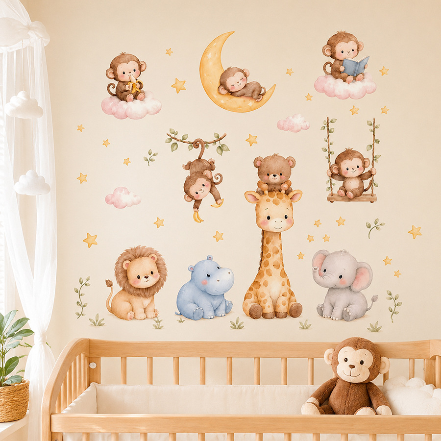Baby Nursery Jungle Wallpaper - สติ๊กเกอร์ติดผนังลายสัตว์ป่าสำหรับเด็กชาย เด็กหญิง ตกแต่งห้องเด็ก วอลเปเปอร์ลายลิง ยีราฟ ช้าง