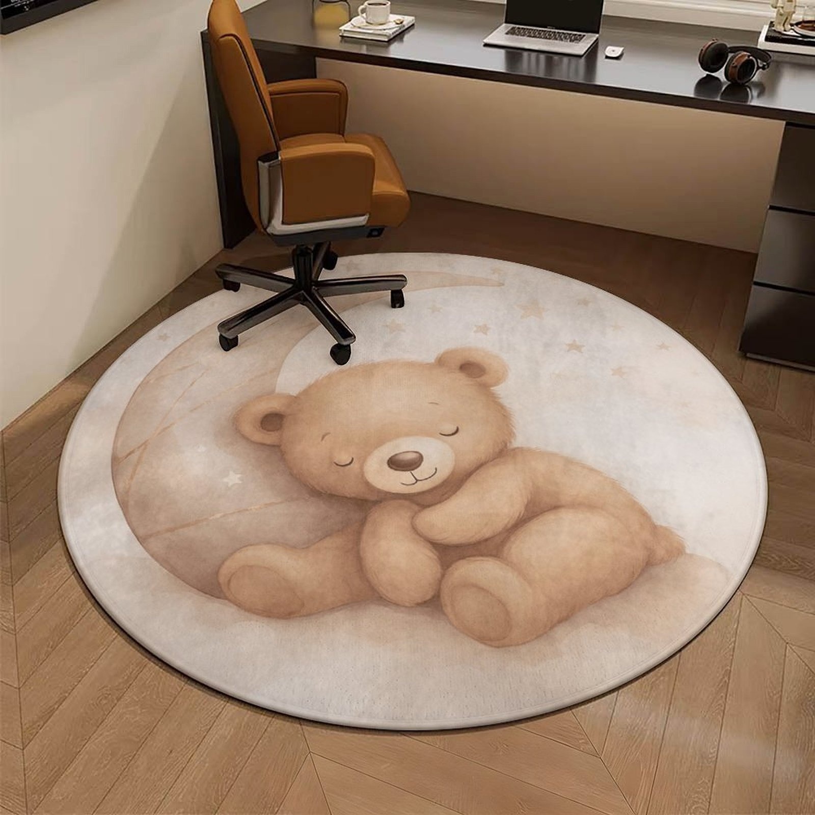 Soft Rug Nursery - พรมปูพื้นทรงกลมลายหมีเท็ดดี้สุดน่ารักสำหรับตกแต่งห้องเด็กอ่อน ผลิตจากผ้าฟลีซโพลีเอสเตอร์เนื้อนุ่ม ซักเครื่องได้ เหมาะเป็นของขวัญสำหรับเด็ก