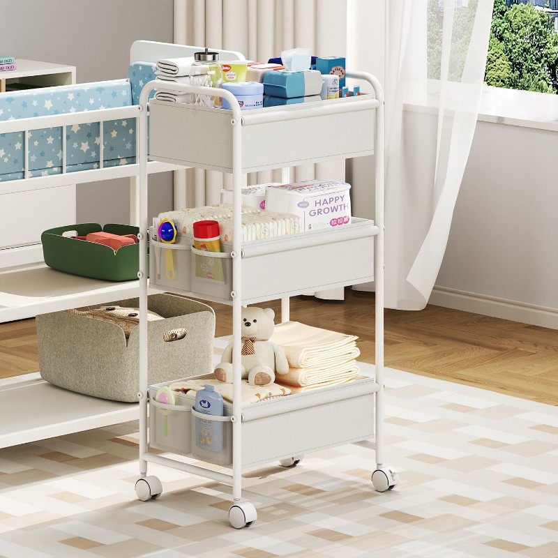 Baby Nursery Cart - รถเข็นเก็บผ้าอ้อม 3 ชั้น, ชั้นวางของอเนกประสงค์สำหรับเด็ก สำหรับเก็บผ้าเช็ดทำความสะอาด ครีม