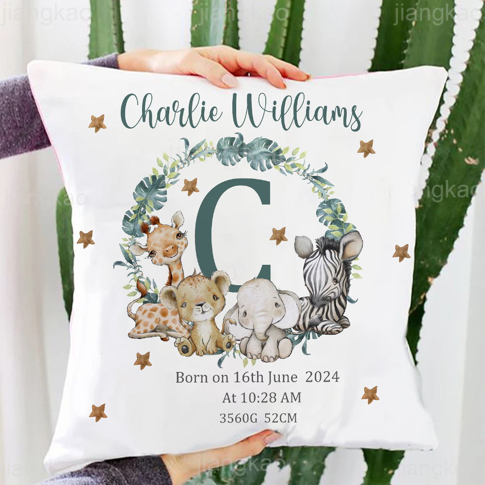 Baby Nursery Animal Prints - เคสรูปสัตว์ซาฟารีส่วนบุคคลพร้อมชื่อหมอนสำหรับปลอกหมอนห้องนอนเด็กตกแต่งปลอกหมอนปาร์ตี้สำหรับงานเลี้ยงฉลองของขวัญวันเกิดเด็ก