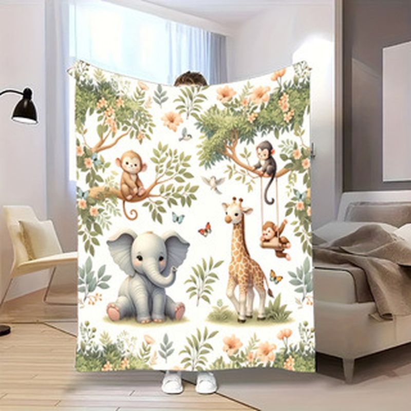 Baby Nursery Jungle - VIKAMA ผ้าห่มเด็กสัตว์ป่าสีน้ำ ลายช้าง ยีราฟ ลิง ผ้าฟลานเนลนุ่ม