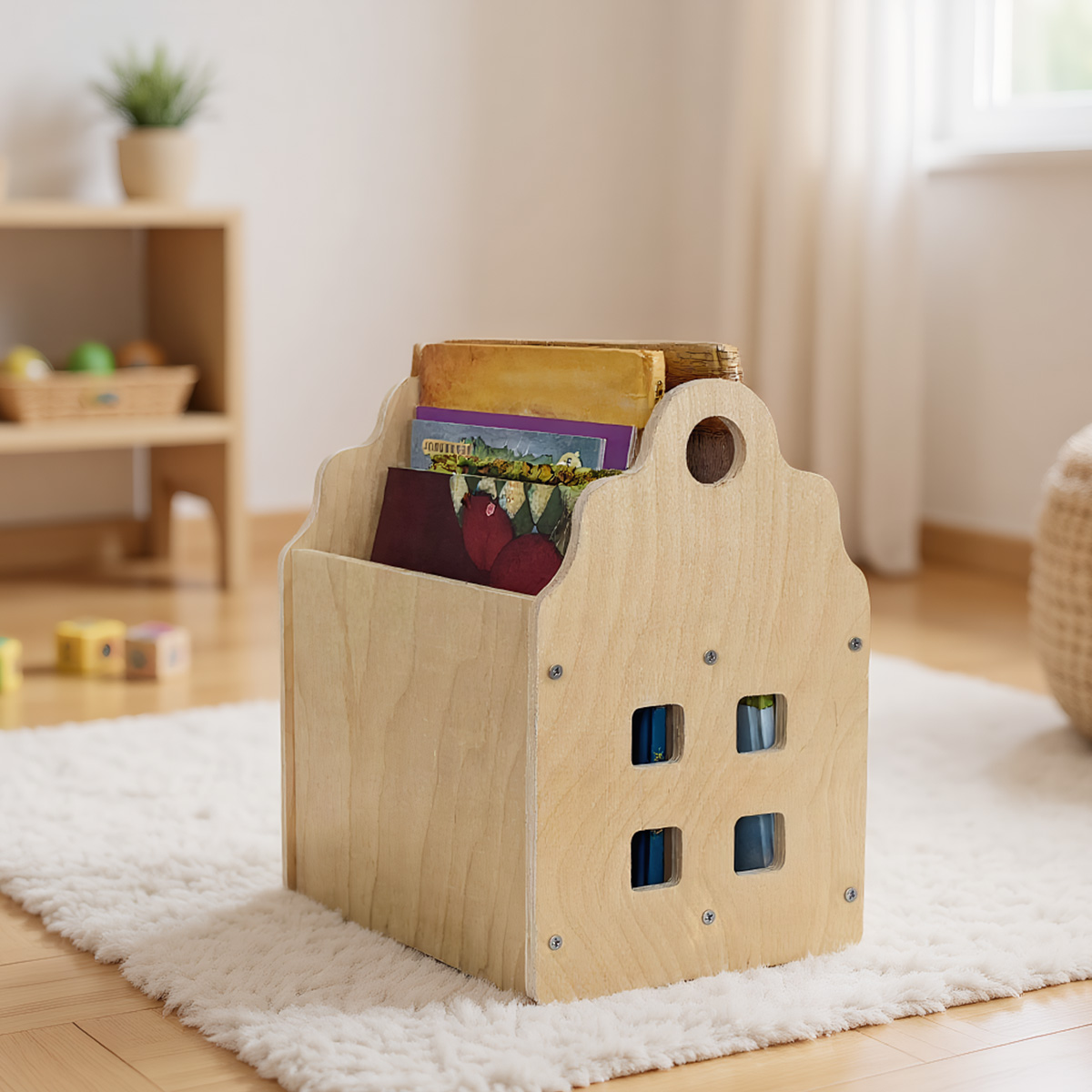 Baby Nursery Bookcase - ชั้นวางหนังสือเด็กเล็กสองด้าน 2 ชั้น ทำจากไม้ แบบมอนเตสซอรี่ สำหรับห้องเด็กอ่อน