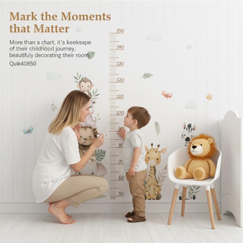 Baby Nursery Jungle Wallpaper - สติกเกอร์แผนภูมิการเจริญเติบโตของเด็ก สัตว์ป่า ไม้บรรทัดวัดส่วนสูง สติกเกอร์ติดผนังแบบถอดได้ สำหรับห้องเด็กอ่อน เด็กเล็ก