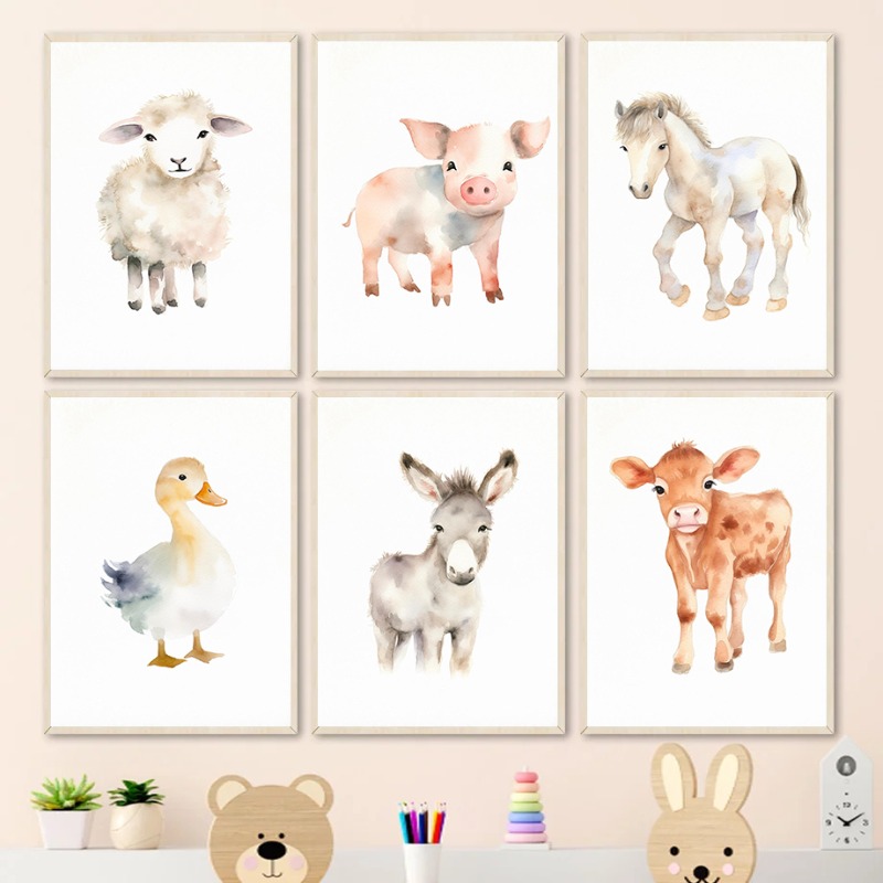 Baby Nursery Animal Prints - ภาพสัตว์ในฟาร์มสีน้ำโปสเตอร์รูปเป็ดแกะและภาพพิมพ์ผ้าใบพิมพ์ภาพศิลปะบนผนังสำหรับห้องเด็กการตกแต่งสถานรับเลี้ยงเด็ก