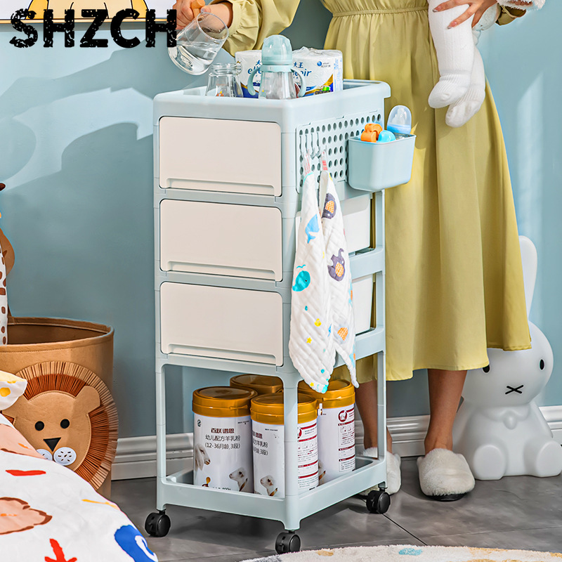 Baby Nursery Cart - รถเข็นเก็บของเคลื่อนที่แบบมีลิ้นชักหลายชั้น สำหรับของใช้เด็กและห้องนอน ป้องกันฝุ่นละออง ใช้ได้ข้างเตียง