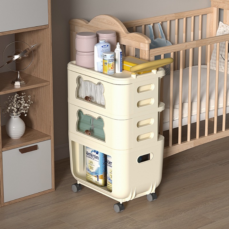 Baby Nursery Cart - รถเข็นอเนกประสงค์สำหรับจัดเก็บของในห้องนั่งเล่น ชั้นวางของเล่นเด็ก รถเข็นเด็กอ่อนแบบเคลื่อนที่ รถเข็นอเนกประสงค์สำหรับใช้ในบ้านแบบมีล้อ