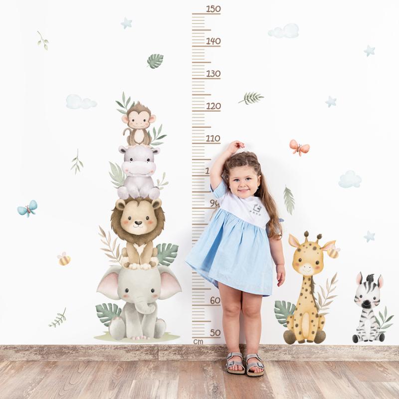 Baby Nursery Jungle Wallpaper - สติกเกอร์แผนภูมิการเจริญเติบโตของเด็ก สัตว์ป่า ไม้บรรทัดวัดส่วนสูง สติกเกอร์ติดผนังแบบถอดได้ สำหรับห้องเด็กอ่อน เด็กเล็ก