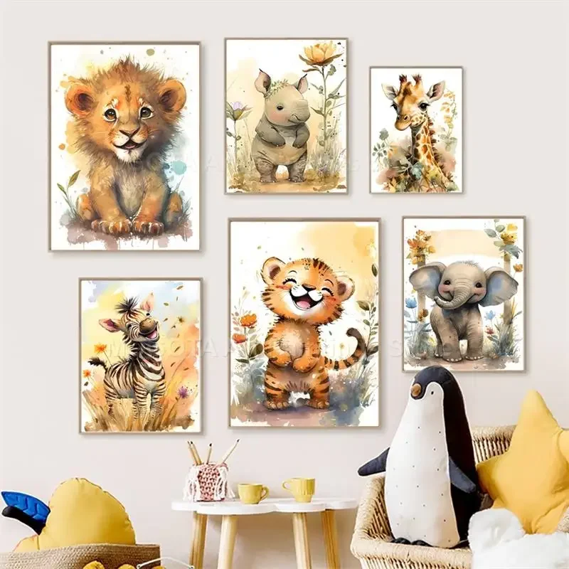 Baby Nursery Animal Prints - ภาพวาดสีน้ำ ลายสิงโต ยีราฟ เสือ ช้าง ม้าลาย