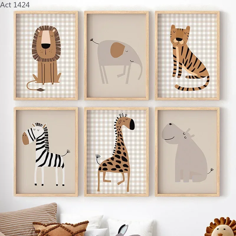 Baby Nursery Jungle - สิงโต เสือ ช้าง ยีราฟ สัตว์ป่า ภาพวาดบนผ้าใบสำหรับตกแต่งผนังห้องเด็ก