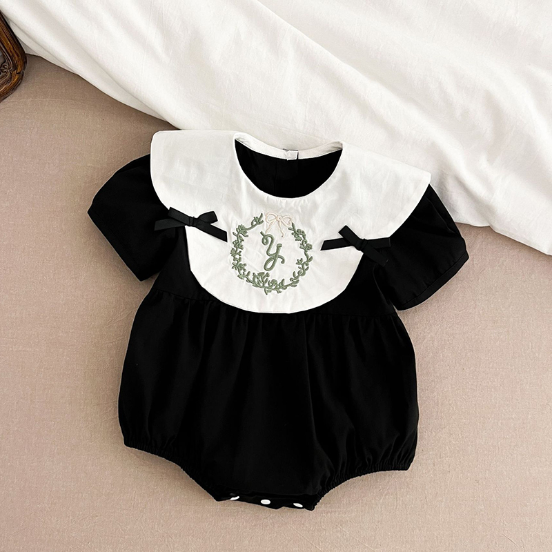 Baby Nursery Embroidery - เสื้อผ้าเด็กทารกใหม่ฤดูร้อนเด็กทารกหญิงJumpsuit Retroแขนสั้นผ้าฝ้ายเย็บปักถักร้อยโบว์ทารกแรกเกิดเด็กทารกBodysuits