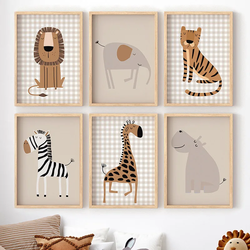 Baby Nursery Jungle - ภาพพิมพ์บนผ้าใบลายสัตว์ป่า 1 ชิ้น รูปสิงโต เสือ ช้าง