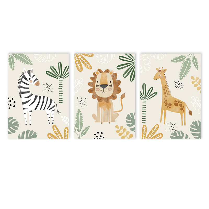 Baby Nursery Jungle - (ไม่มีกรอบ 3 ชิ้น) - ภาพวาดสิงโตน่ารักบนผ้าแคนวาส ศิลปะตกแต่งผนังลายสัตว์ป่า