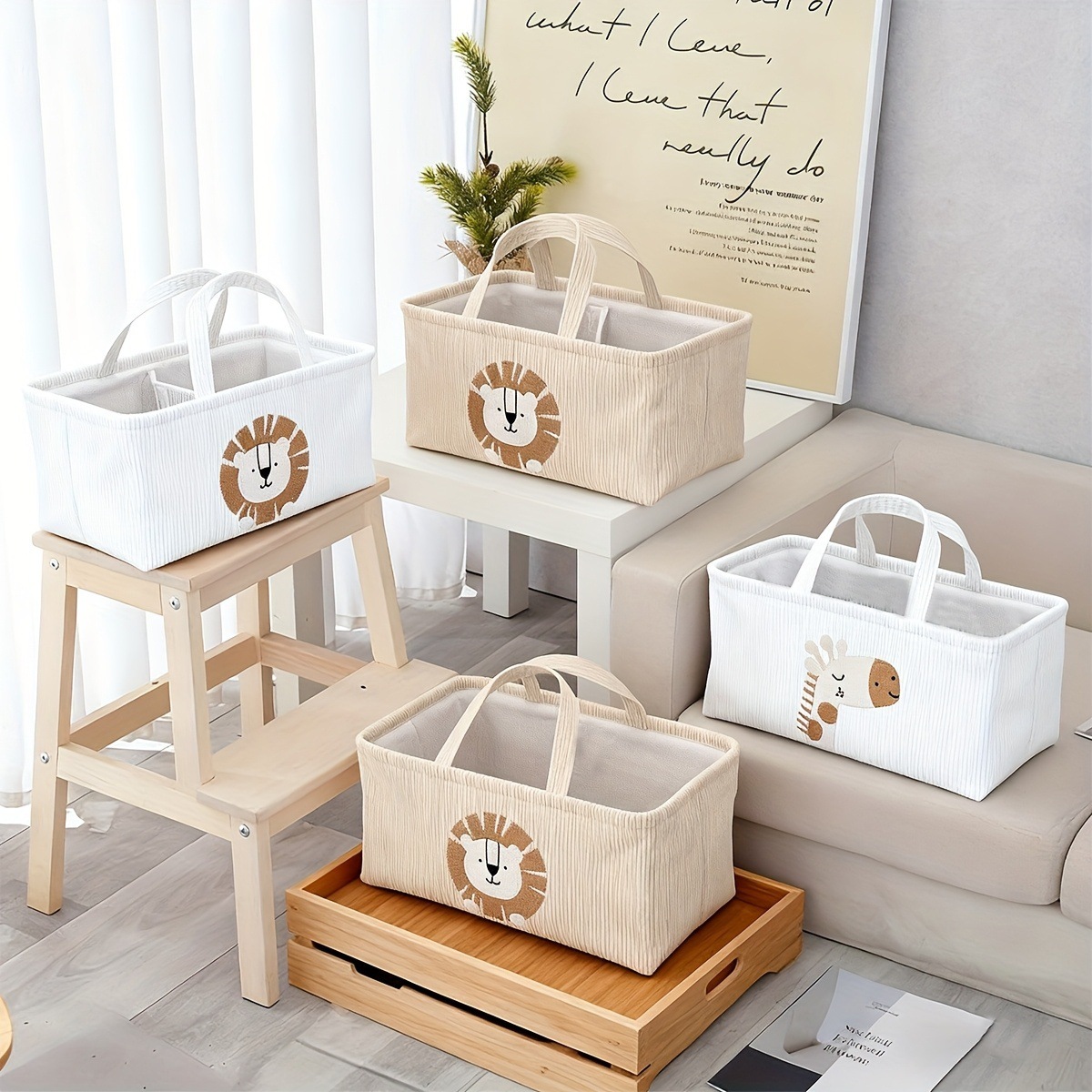 Baby Nursery Organiser - ตะกร้าผ้าใส่ผ้าอ้อมลายสิงโตน่ารัก พับเก็บได้ พร้อมหูหิ้ว สำหรับจัดเก็บของเล่นเด็กและของใช้จำเป็นสำหรับเด็กอ่อน