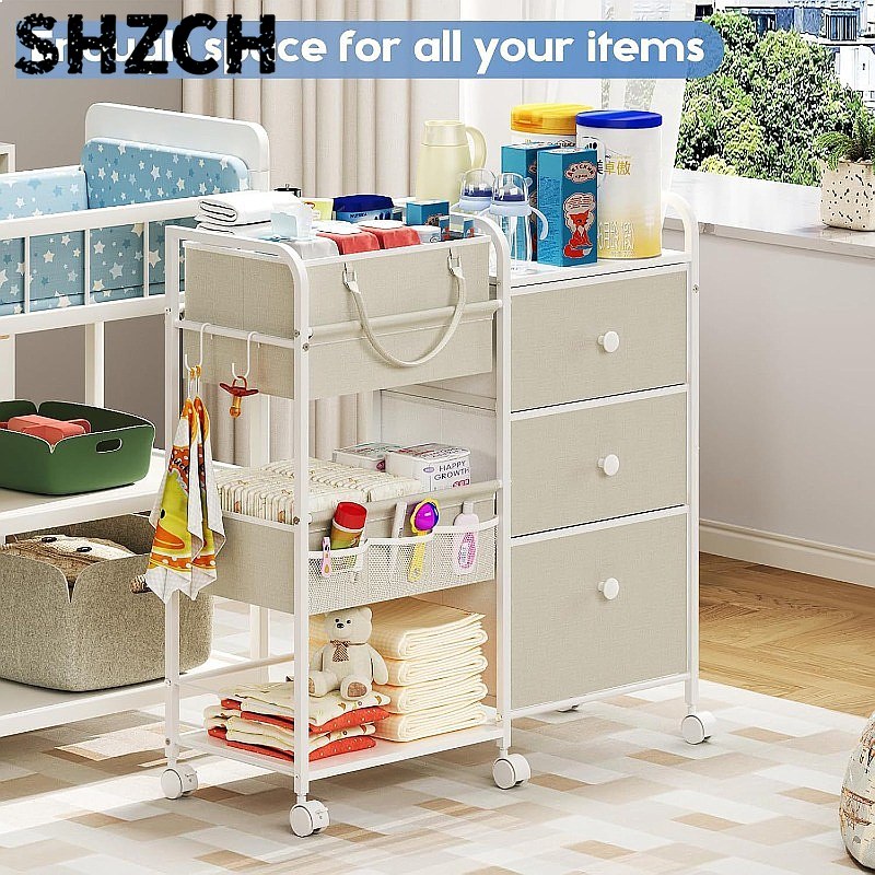 Baby Nursery Cart - รถเข็นเก็บผ้าอ้อมเด็กขนาดใหญ่ 3 ชั้น พร้อมลิ้นชักเก็บของแบบเคลื่อนย้ายได้