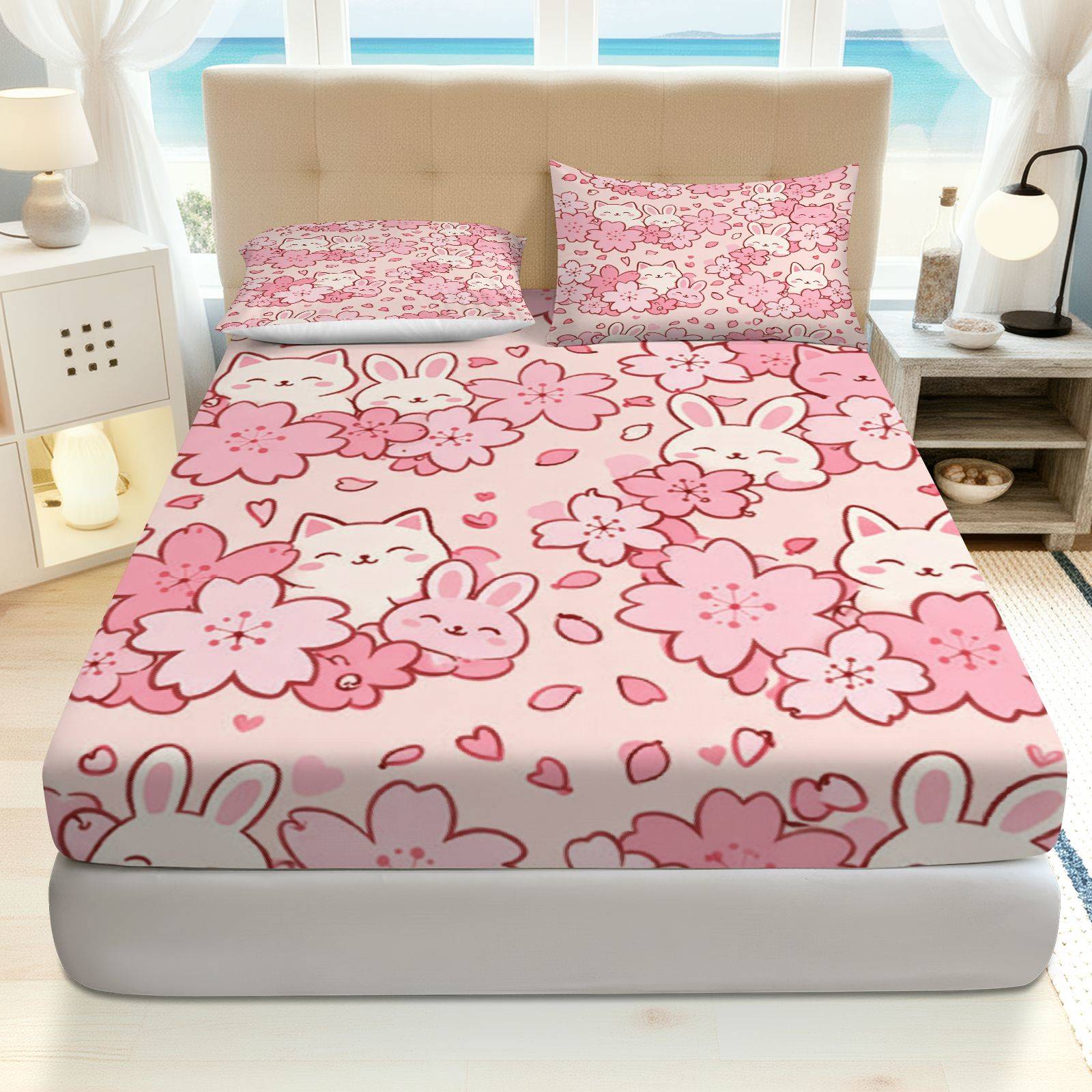 Baby Nursery Bedding Sets - ชุดเครื่องนอนลายกระต่ายซากุระ, วัสดุโพลีเอสเตอร์ระบายอากาศ (ประกอบด้วยผ้าปูที่นอนแบบรัดมุม 1 ผืน +