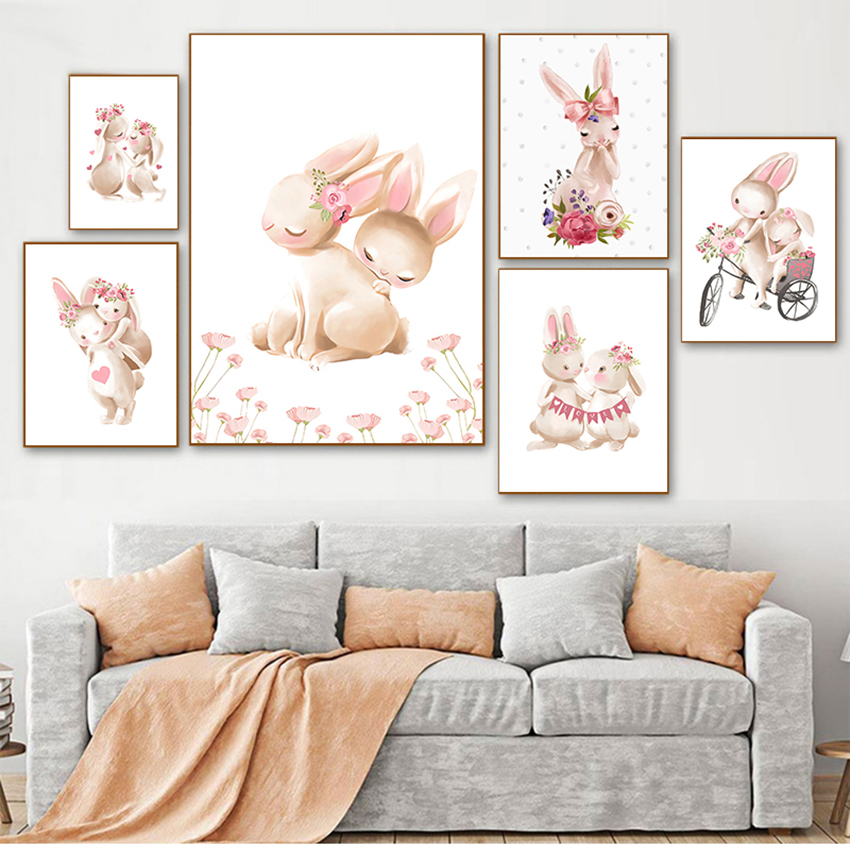 Baby Nursery Animal Prints - ภาพการ์ตูนดอกไม้สีชมพู ภาพตกแต่งห้องเด็กผู้หญิง โปสเตอร์กระต่าย ภาพวาดสัตว์ ภาพพิมพ์ติดผนังห้องเด็ก ภาพพิมพ์กระต่ายบนผ้าใบ