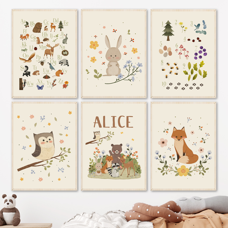 Baby Nursery Animal Prints - ภาพพิมพ์บนผ้าใบลายกระต่าย จิ้งจอก นกฮูก หมี ตัวอักษร ตัวเลข