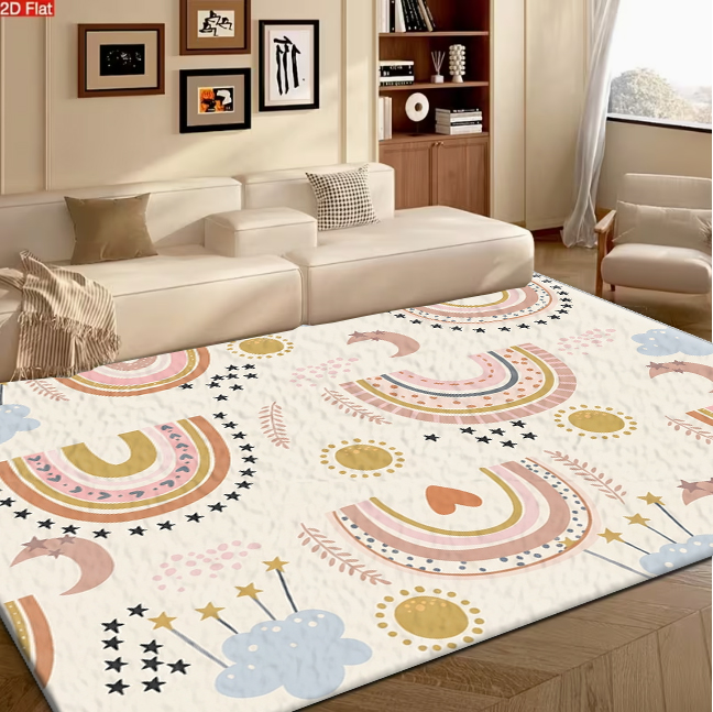 Soft Rug Nursery - พรมปูพื้นลายสายรุ้ง ดวงจันทร์ ดวงดาว และเมฆ สไตล์โบโฮ พื้นนุ่มสำหรับเด็ก