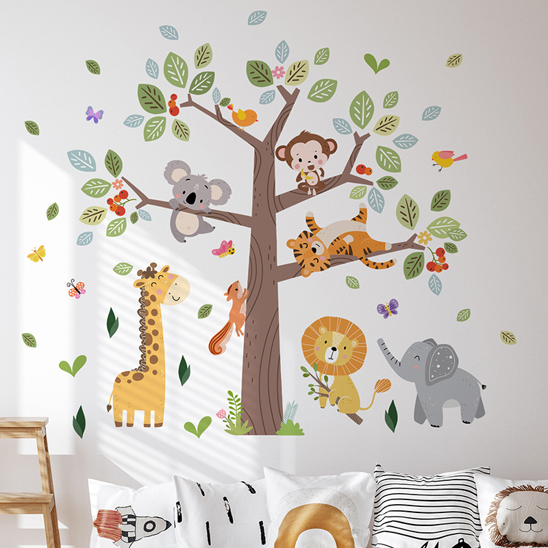 สติ๊กเกอร์ติดผนังลายสัตว์ป่าขน - Baby Nursery Jungle Wallpaper บทวิจารณ์และราคา