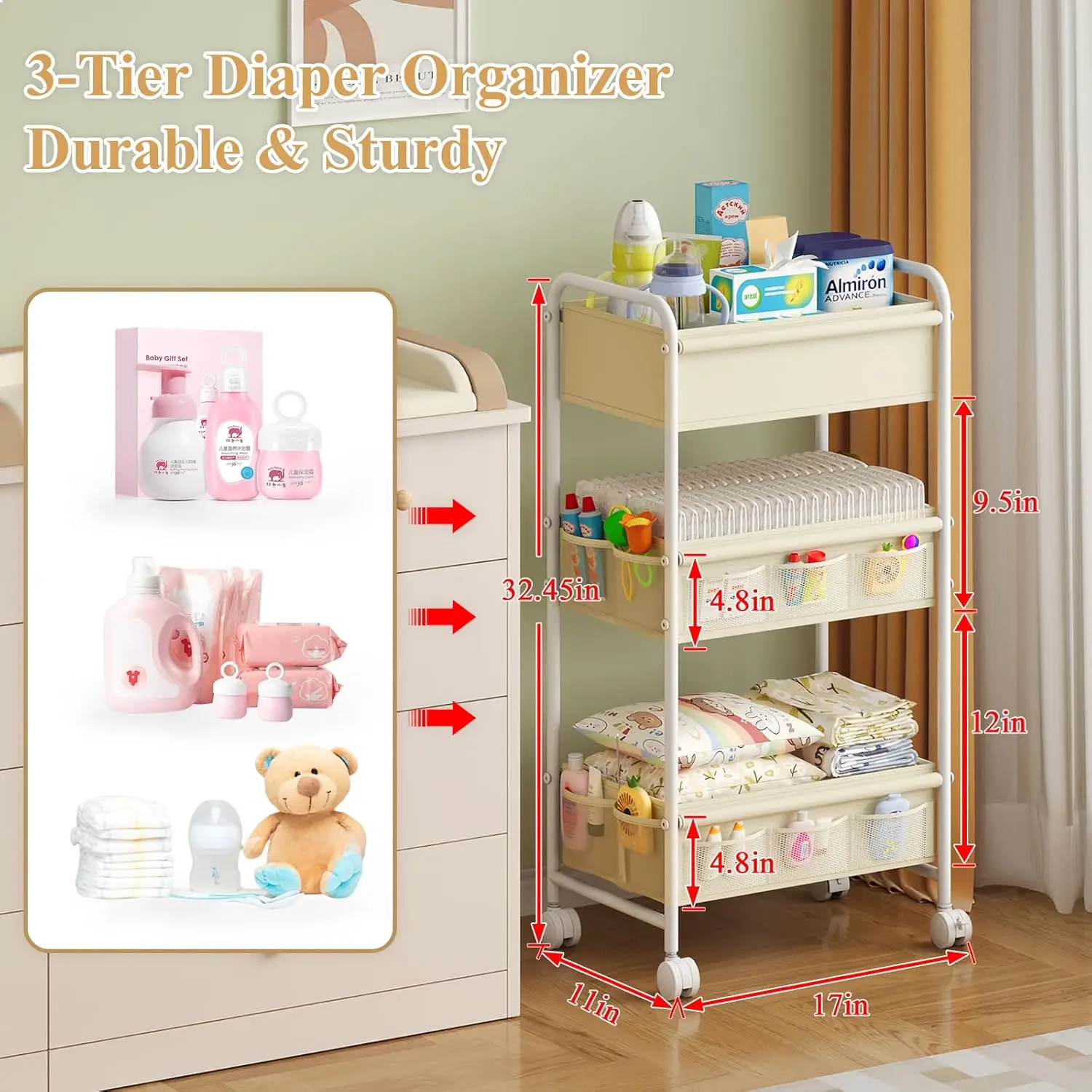 รถเข็นเก็บของสำหรับเด็ก 3 ชั้น - Baby Nursery Cart บทวิจารณ์และราคา